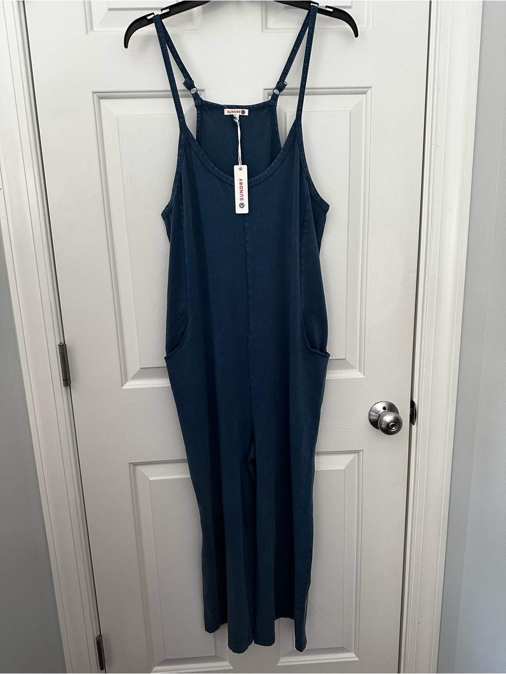 NWT Anthropologie Sundry Dark Blue Jumpsuit Wide Leg Slouchy Jersey Pockets XL